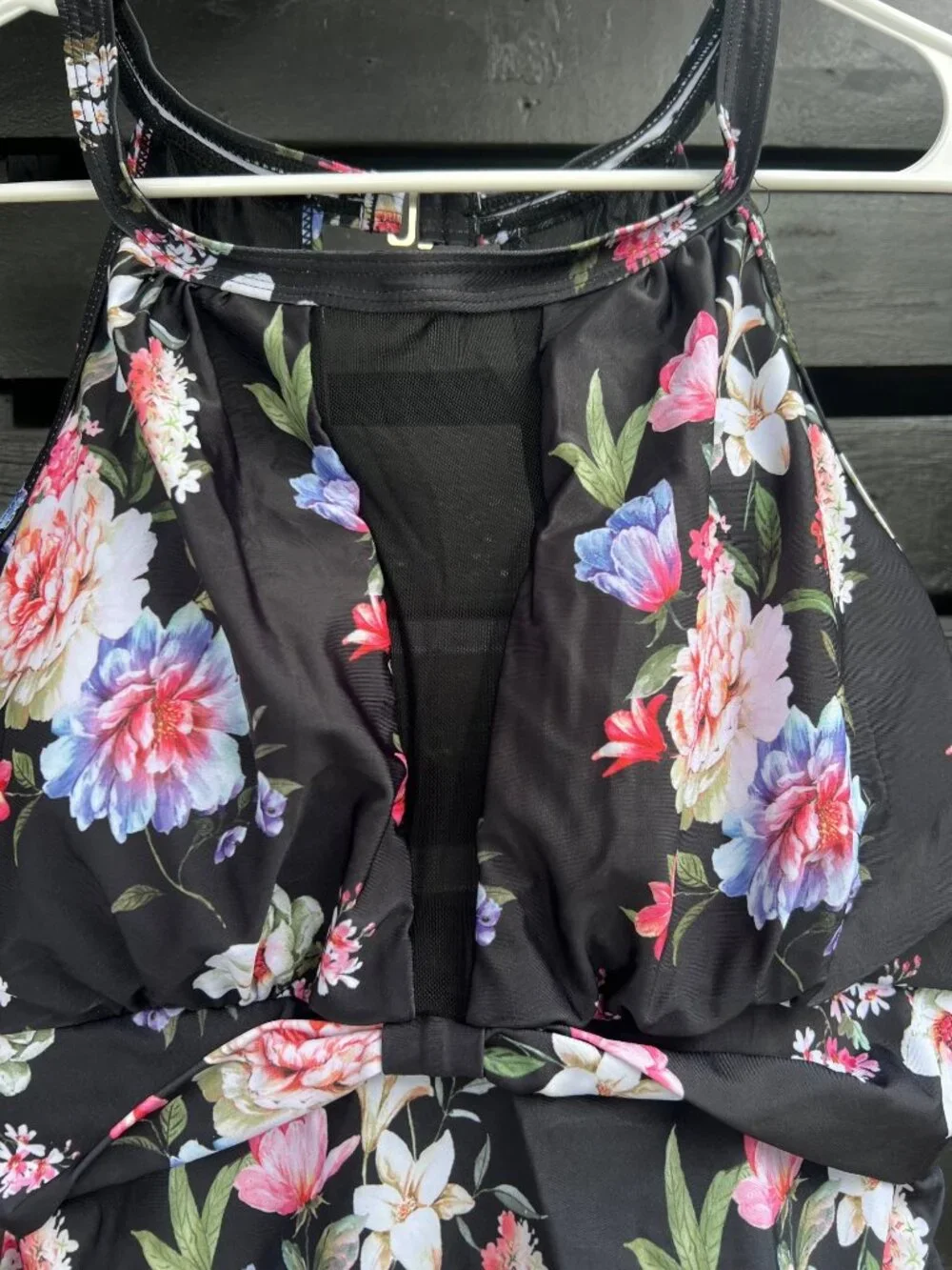 NWT Women’s Black Floral One Piece Swimsuit Mesh Chest Panel See Through Detail